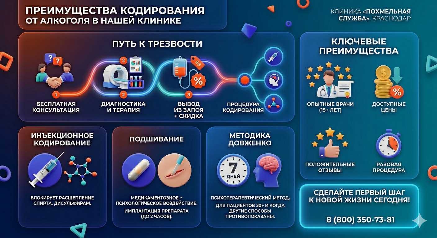 Инфографика о методах кодирования от алкоголя в Лесосибирске: инъекции, подшивание, метод Довженко. Преимущества клиники и этапы лечения.