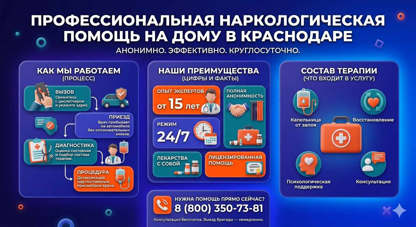 Инфографика о принципах лечения алкоголизма на дому в Лесосибирске: этапы вызова нарколога, преимущества анонимной детоксикации и состав медицинской помощи.